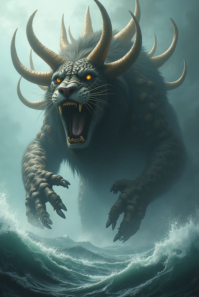 Create a realistic image based on Revelation 13 about the Beast Here is Revelation 13:1-2 NVT
[1] Then I saw a beast come out of the sea. It had ten horns and seven heads, and a crown on each horn. On each head were written names of blasphemies. [2] The beast looked like a leopard, but it had feet like a bear's and a mouth's like a lion's. And the dragon gave the beast its power, seu trono e grande autoridade.

