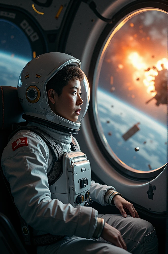 Doctor in a space capsule wandering near an exploding space station