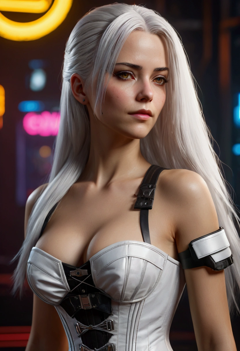 ((Masterpiece, Best Quality, Highest Image Quality, High Resolution, Photorealism, RAW Photos, 8k)), A female game character, 3d Graphics, long white hair, off-shoulders, corset dress, cyberpunk 2077 background, unreal engine