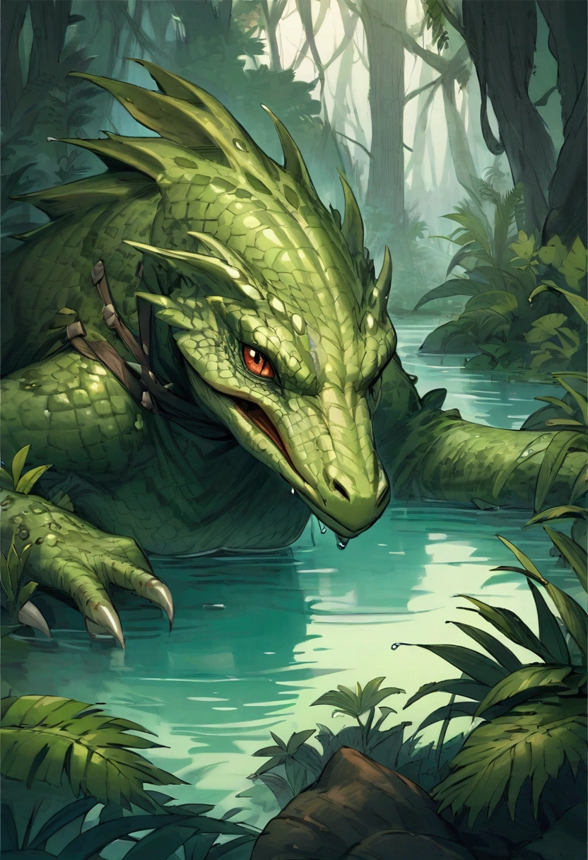 Portrait of a Lizardman with slime like skin, swamp, water, jungle, wearing leather clothing, hippie, peaceful, comfortable, Fantasy, Dungeons and Dragons