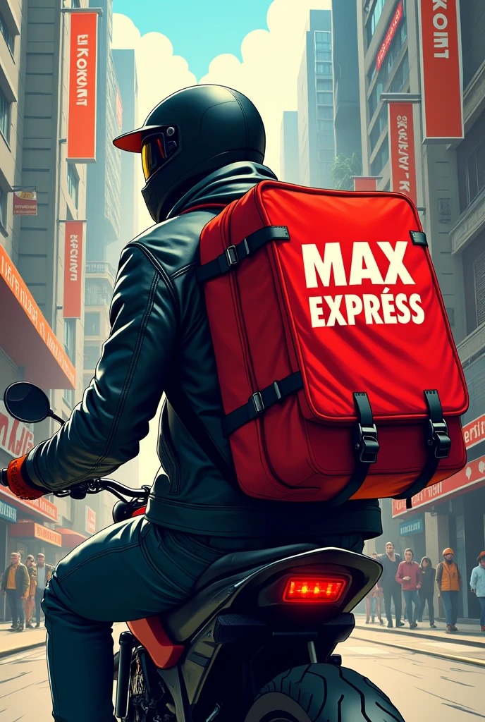 Biker with red square backpack, with the title MAX EXPRESS