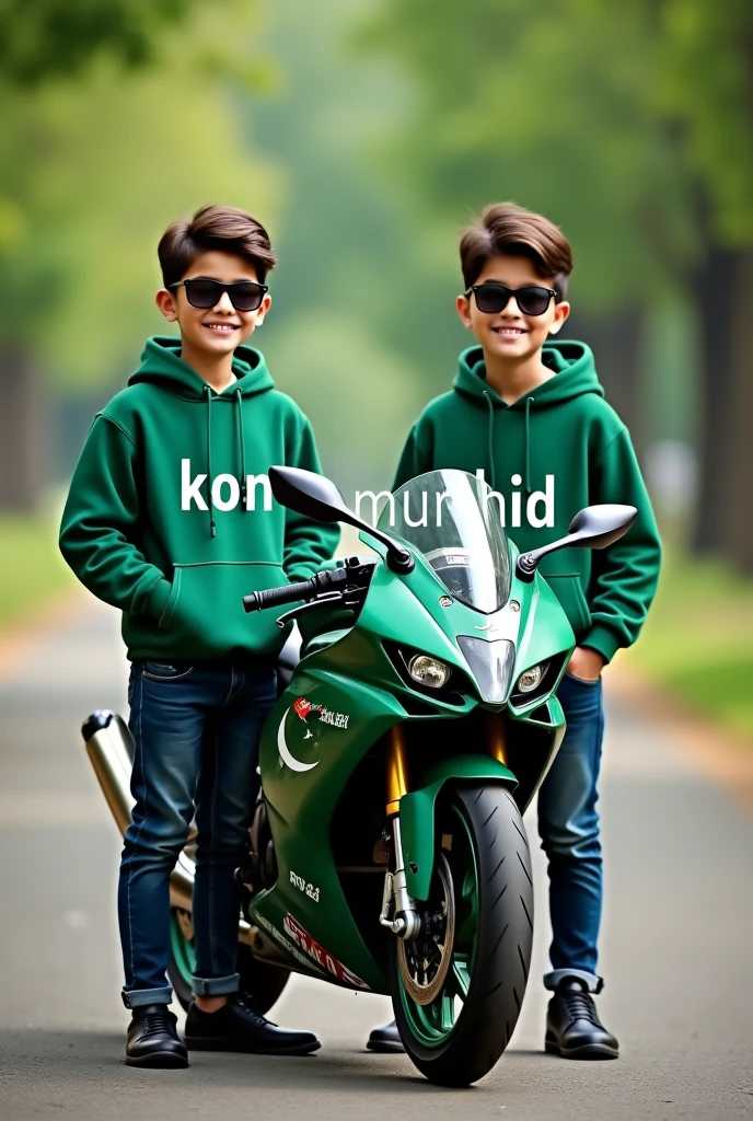 Create 3D illusion for a profile picture where a 2 cute boy in a GREEN hoodie with write name "Kon Murshid?" in front don't overlaps text, stand beside casually on a Pakistani Colored Green and white GSX-R1000, Wearing black sneakers, and sunglasses, he looke ahead with Pakistani flag in his bike, The background features is beautiful park.