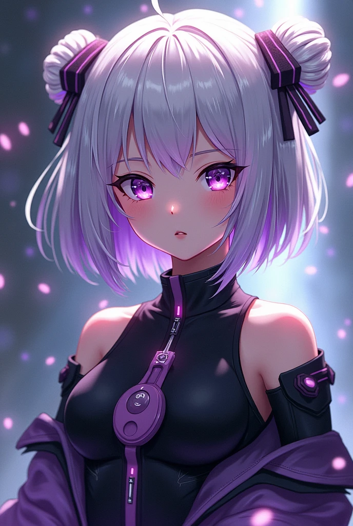 Girl with white hair that fades to purple with short hair with two buns as a hairstyle on the top of her head and the rest of her hair loose with 2b clothes from Nier Automata