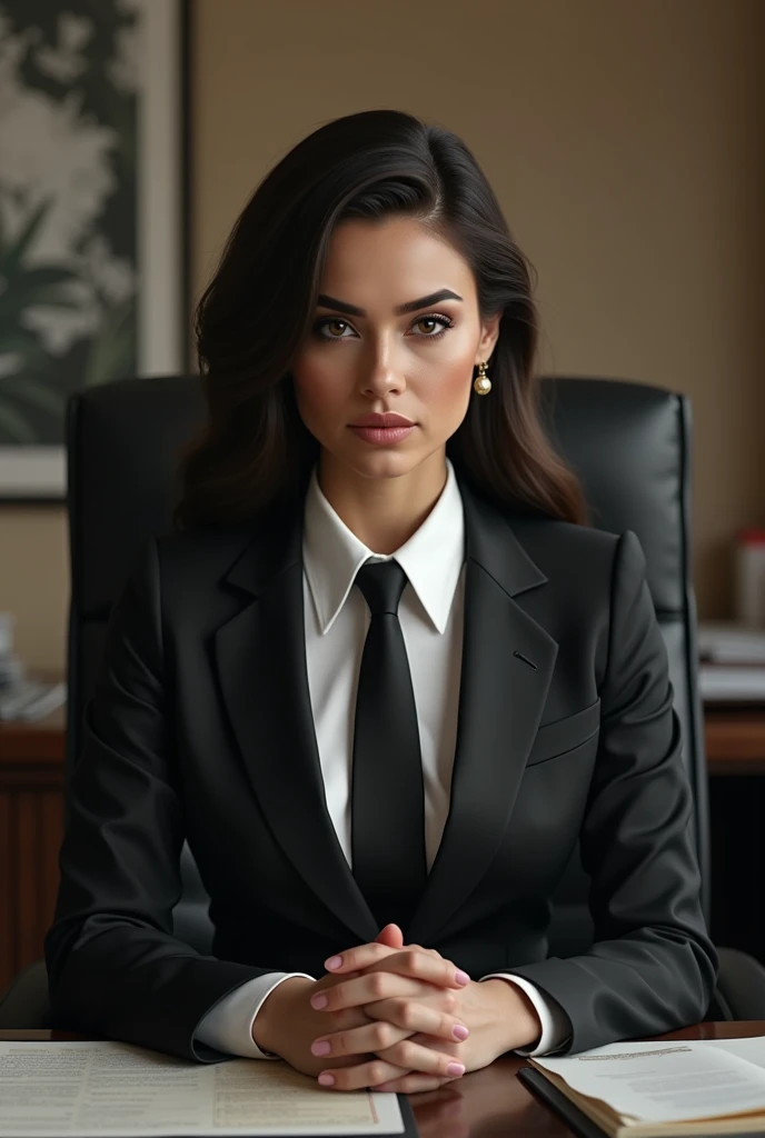 Arabian style woman sitting at a desk wearing a black and white shirt and tie, Wearing a strict business suit, Wearing a blouse, Office Clothes, wearing headspouse uniform, spouse, Ruler, Dominant and controlling, Latex Costume, Leather clothing, Leather clothing, Wearing dark silk, Wearing a white shirt, Wearing silk clothes, teasing