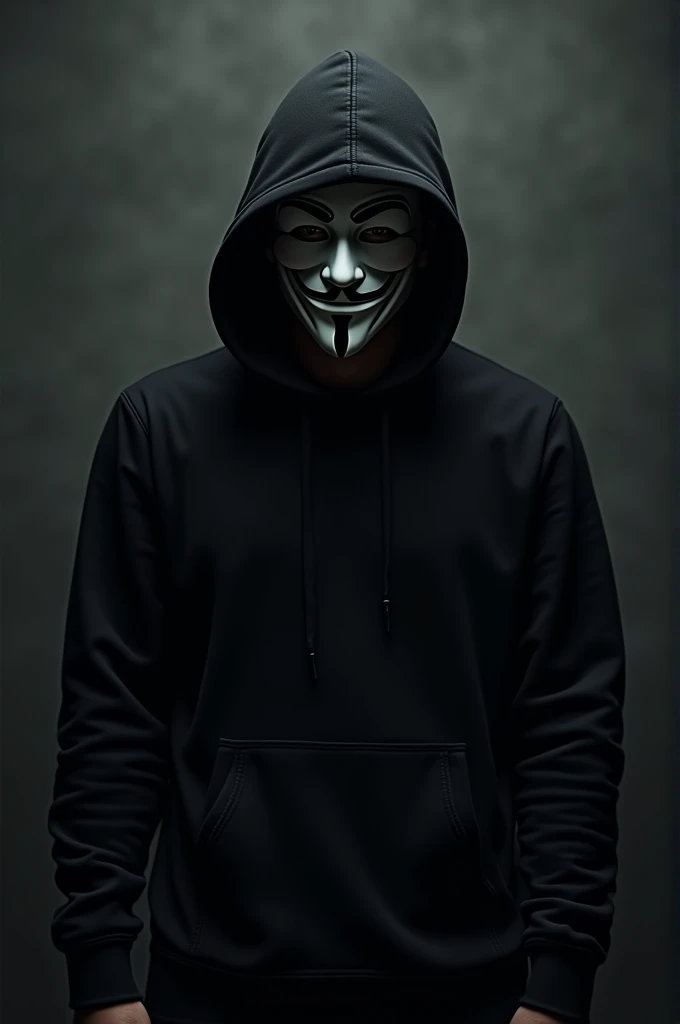 Man with black hoodie on and guy Fawks mask and black background