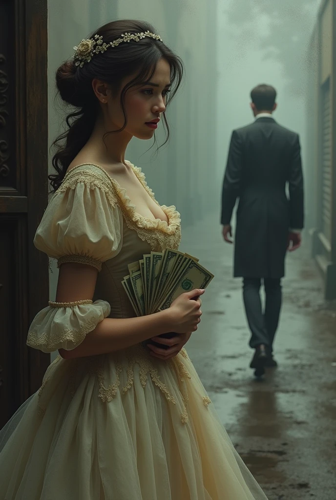 Woman in old-fashioned fancy clothes sad with a.With a bundle of money in hand I come a man of eternal departure. The woman has pretty clothes like a little ball gown. It should show the man walking away