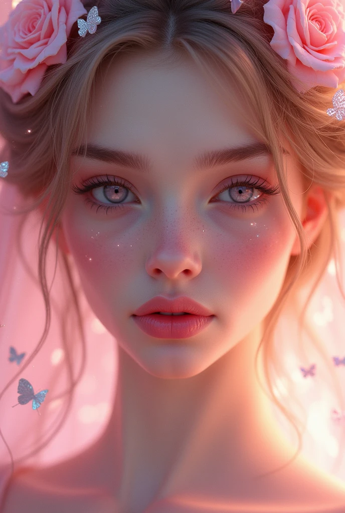 Front facing goddess　Close-up view of face　
Looks a little bad　Sparkling wishes come true　In pink　