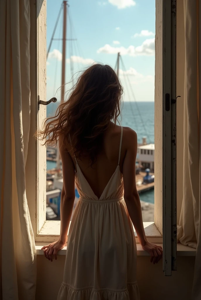 A young maked woman looks out over the port from her open window, from which a gentle blue light pours in, like a surrealist promise. It seems as if the sea seeps through the curtains, which fly with the gentle caress of the salty breeze: the distance between the fine lines of the silhouette and the sea, which breathes in calm waves, is barely noticeable. There is not much difference between the tones used for the fabric of the dress and the sky: it even seems as if the curls that relax from her head are extensions of the waves, which slide gently upwards, over the linear composition of the image.