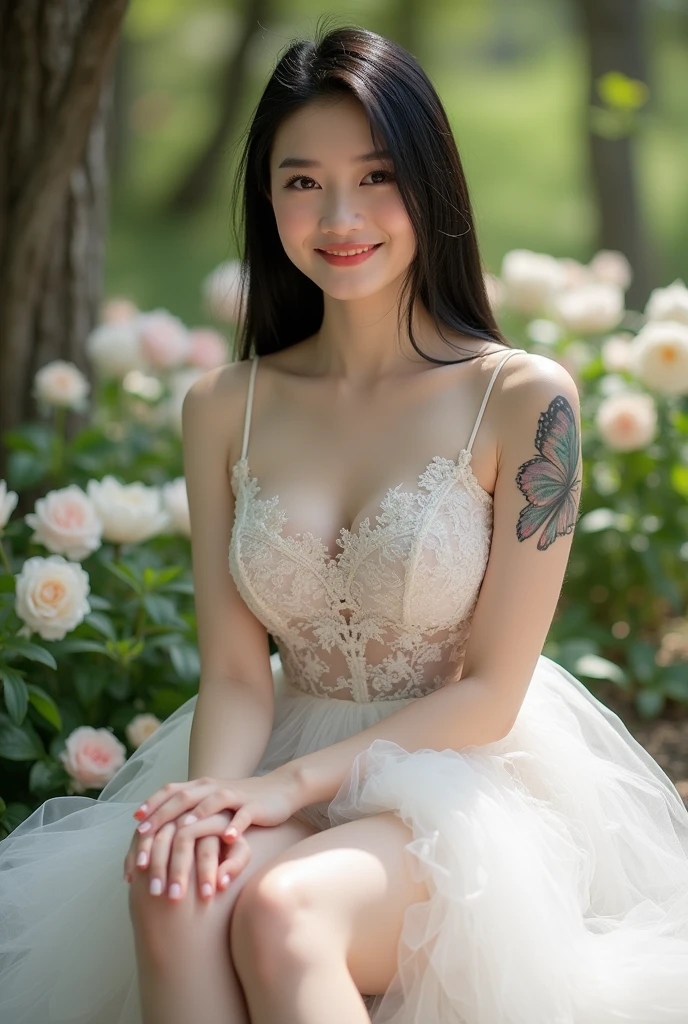 Chinese girl, 2, white skin, shaggy breasts, big breast, happy face, thick body, sexy body, gym body, curvy waist, sunny day, milky white skin, a butterfly tattoo on the shoulder back, a big flower tattoo on the thigh, there is a  tatoo says "Thasya" on the lower arm, sexy transparent bride gown, sitting crossing legs, in the flower garden, nakeness, full body, beautiful nail arts, showing her white tighs, black hair, straight hair, sexy toe, camera from front, full body from toe to head, full body, see-through black public hair, thick pubic hair 