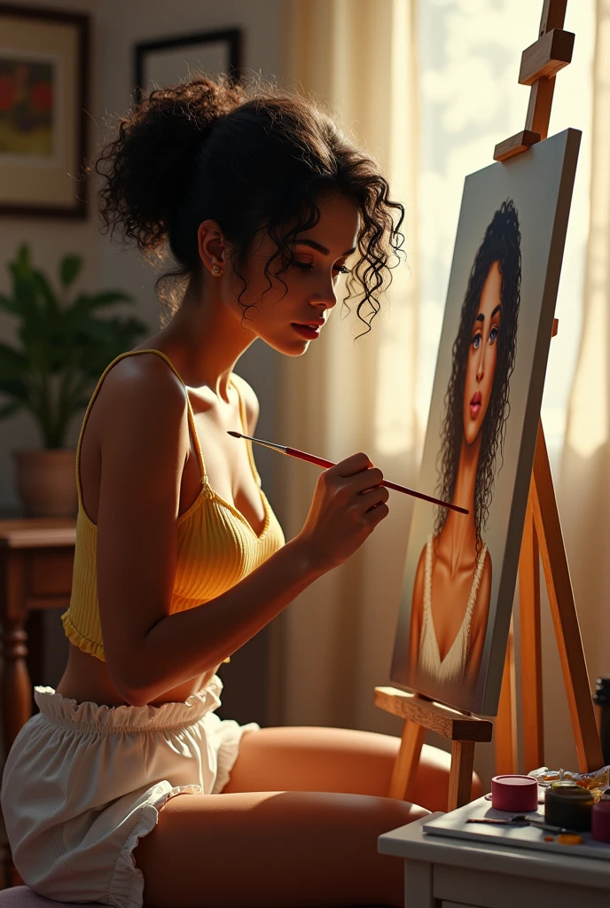 (photorealism: 1.2), beautiful woman, sitting sideways, focused and concentrated, painting a picture, brush in hand, furniture with paints next to her, wearing a light feminine casual look, arafa woman with curly hair, face partially hidden, tanned Ameera al taweel, imaan hammam, beautiful latin face, beautiful beautiful woman, she has dark brown skin, beautiful woman, flawless brown skin, beautiful mexican, the most beautiful woman in the world, beautiful tanned mexican, jaw-dropping beauty, image quality Photoshop , sitting on a stool, in a frontal position concentrated painting, soft lighting, environment with natural sunlight, cozy room, woman sitting in front of a painting on an easel, in the painting being painted oil painting style, realistic painting style, realistic self portrait painting, realistic oil paint, realistic painting, super realistic painting style, realistic self portrait with oil painting, painting style, realistic oil painting, realistic style watercolor painting, realism art style, beautiful painting, colorful portrait, unfinished painting, painting a self portrait in the frame, with an intentional and important sensual look when painting a picture, realistic, intricate details, warm colors, by Greg Rutkowski, by Alphonse Mucha