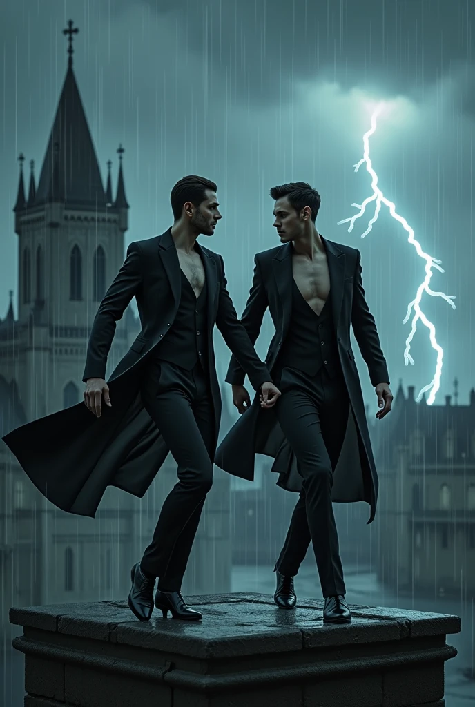 Two handsome skinny men dressed in black long suits without a shirt under the rain dancing bautiful liar on top of a black castle