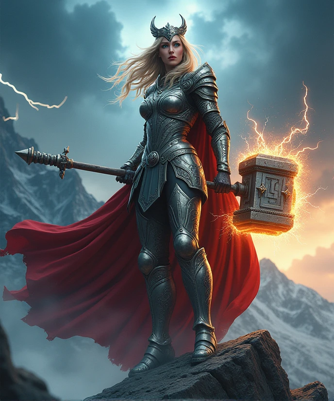 (A powerful female warrior wielding a massive, glowing hammer, medium size:1.4), (wearing an intricately designed armor inspired by Norse mythology:1.4), (the armor is silver and gold with detailed engravings of ancient runes:1.5), (a flowing red cape billows behind her, adding a sense of majesty and strength:1.4), (her blonde hair flows freely, catching the light from the crackling electricity surrounding her:1.4), (fierce, determined expression on her face with piercing blue eyes:1.5), (standing atop a mountain peak, surrounded by storm clouds and lightning:1.4), (the sky dark and ominous, with bolts of lightning striking around her:1.4), (her hammer, Mjolnir, is alight with crackling energy, ready to be unleashed:1.4), (a crown of winged metal adorns her head, symbolizing her divine status:1.4), (highly detailed and realistic textures on the armor and hammer:1.5), (epic, heroic atmosphere:1.4)