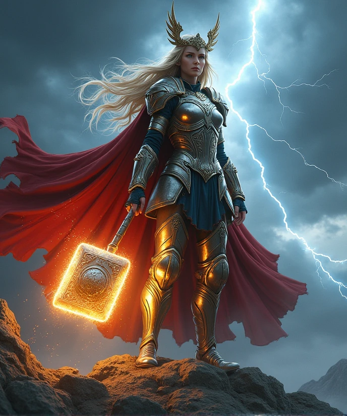 (A powerful female warrior wielding a massive, glowing hammer, medium size:1.4), (wearing an intricately designed armor inspired by Norse mythology:1.4), (the armor is silver and gold with detailed engravings of ancient runes:1.5), (a flowing red cape billows behind her, adding a sense of majesty and strength:1.4), (her blonde hair flows freely, catching the light from the crackling electricity surrounding her:1.4), (fierce, determined expression on her face with piercing blue eyes:1.5), (standing atop a mountain peak, surrounded by storm clouds and lightning:1.4), (the sky dark and ominous, with bolts of lightning striking around her:1.4), (her hammer, Mjolnir, is alight with crackling energy, ready to be unleashed:1.4), (a crown of winged metal adorns her head, symbolizing her divine status:1.4), (highly detailed and realistic textures on the armor and hammer:1.5), (epic, heroic atmosphere:1.4)