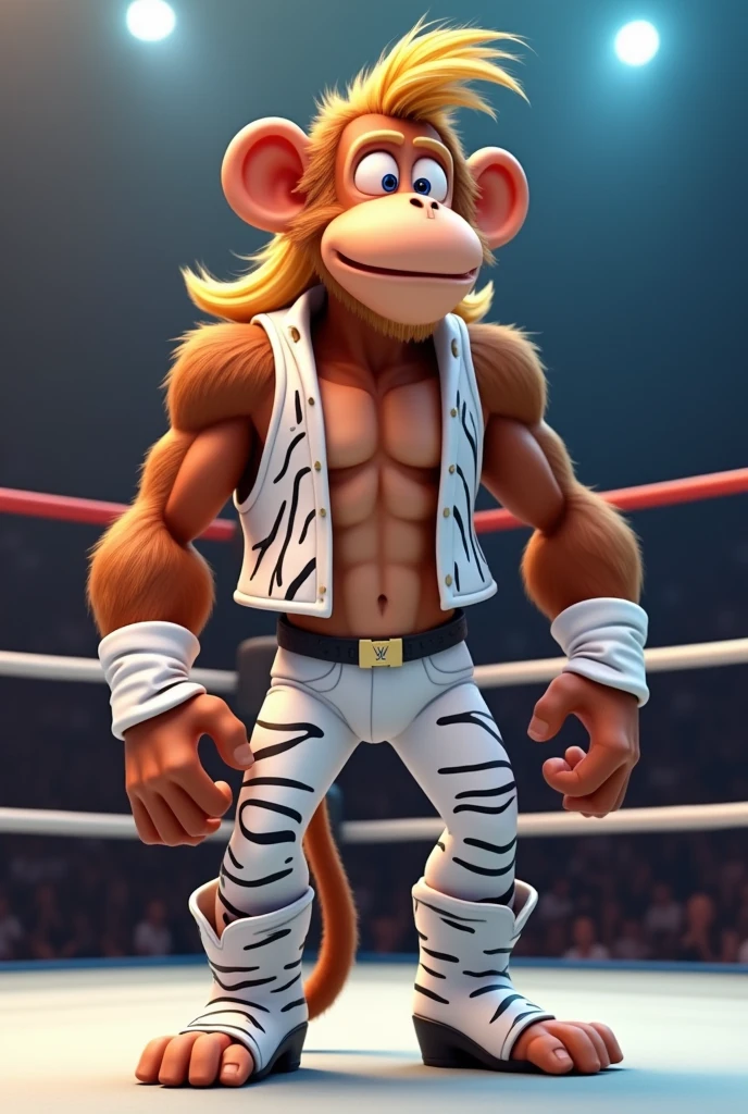 Cartoon monkey dressed like WWE wrestler Shawn Michaels
Cartoon monkey body. Cartoon monkey head. Cartoon monkey face.
Long blonde mullet hair. White wrist tape.
White cowboy vest ordain in black zebra stripes. White pants ordained with black zebra stripes.
White and black cowboy boots.
Standing in a wrestling ring..