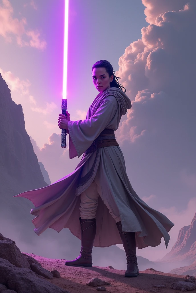 Jedi Rey Skywalker with purple light staff