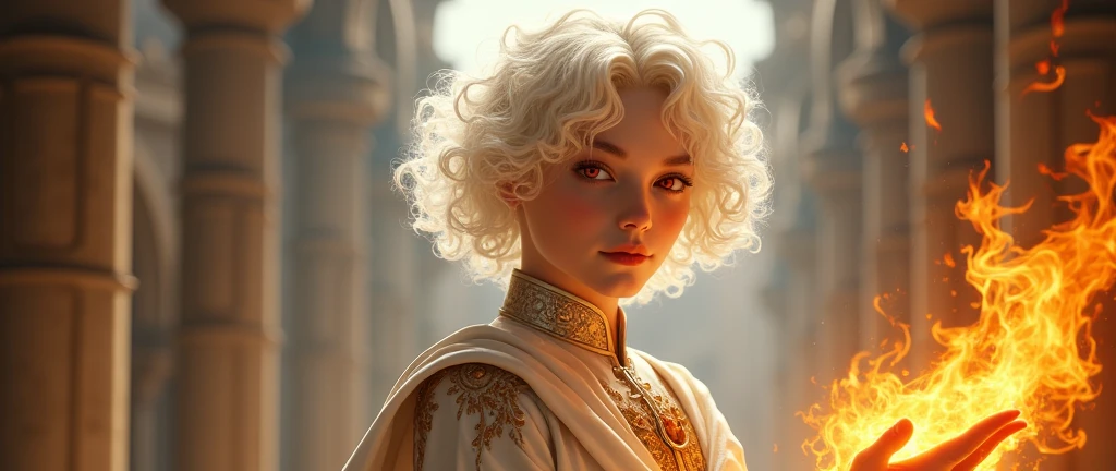  kid with white hair, red eyes, 5', wearing royal clothes, clothes are white and gold, curly hair, zoom, 4k, slight smile, short hair, Standing, castle in background, generating fire from hand