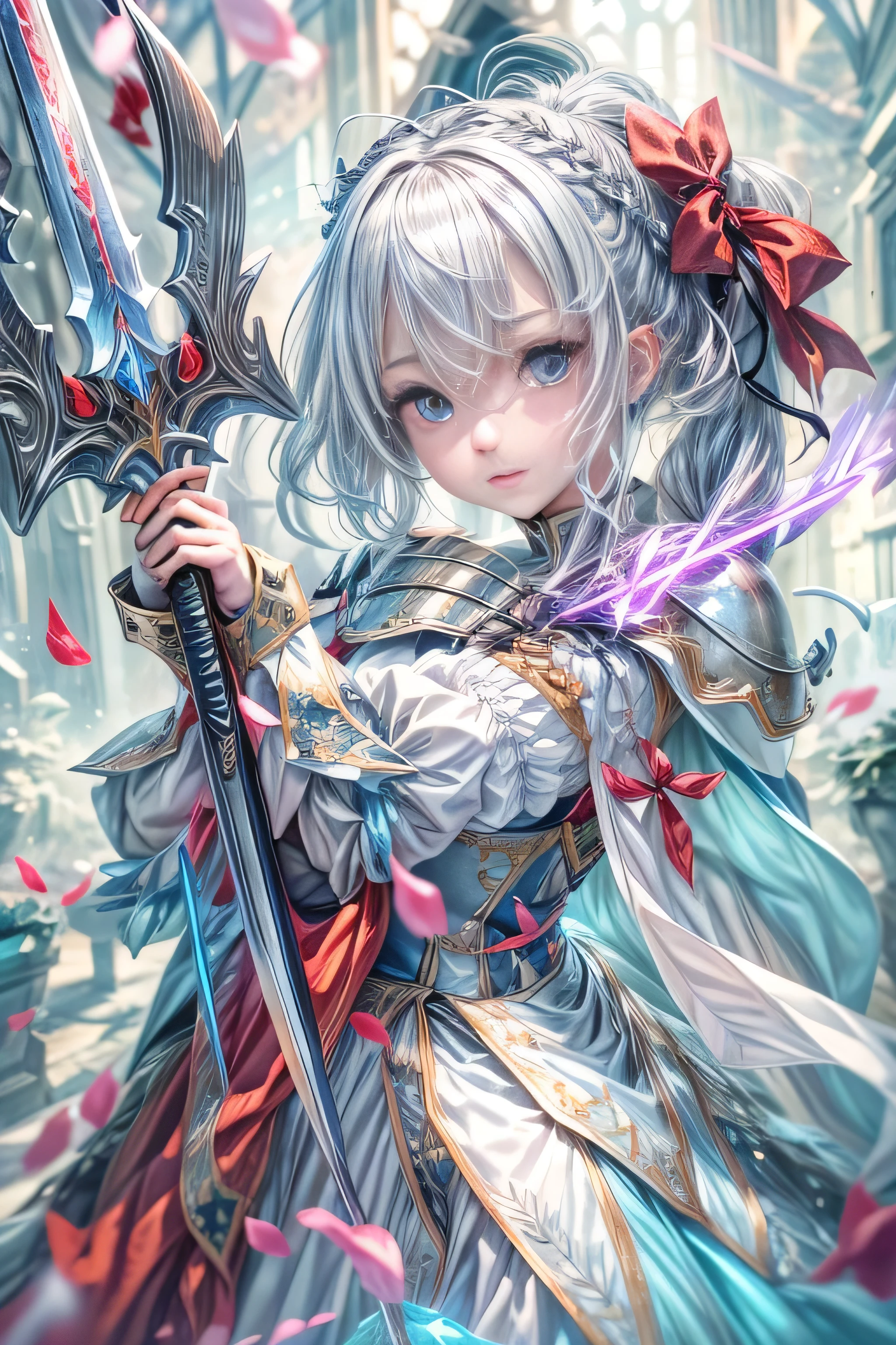 A female knight recognized by the legendary holy sword Excalibur、8k.Half Russian and half Japanese、Russian face、beautiful girl、princess、、Small face、Young face、Big eyes、Skinny、Small breasts、(((Silver Hair、Silver Hair)))、With bangs、(((High resolution big beautiful light blue glowing eyes, )))、Shortcuts、Bobcut、((Sailor suit))、(((Red ribbon in hair、Floral decoration)))、Partially braided、Red bow tie、Transforms into an armored knight at the call of the holy sword Excalibur.、Large sword、A holy sword that emits a pale blue light、((god々Successfully青く光る剣を天にかざす))、central、front、god々Successfully、fantasy landscape、Fantasy、Battle with the Dark Knight