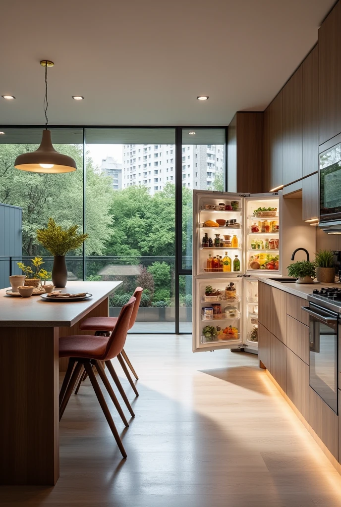 Create a modern kitchen with a table and an OPEN-door refrigerator