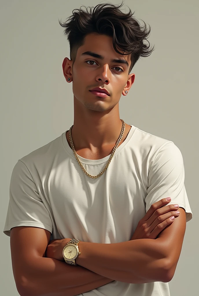 Create an image of a friend of mine his name is Erik has 1.80 tall likes to wear silver chain and gold watch has a pubescent face without pimples Brazilian