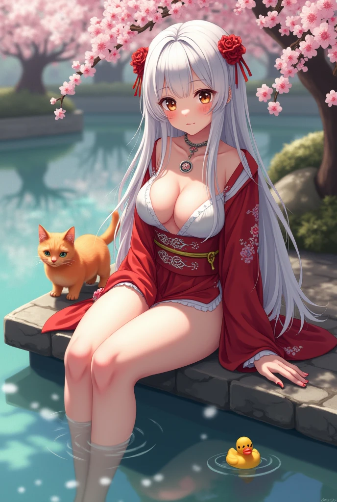 1 girl（masterpiece，top quality，best quality，official art，Beauty and aesthetics：1.2），silky smooth white hair，brown sparkling eyes，long hair，flower in hair, tall figure，enchanted，enchanting，Flushed complexion, playful expression, super gigantic breasts，Breasts larger than the head，Red and white kimono, clogs，Off the shoulders，detailed cleavage，Sitting on the stone steps by the water of a hot spring, steam over the water, thigh exposed, small orange tabby cat passing by behind her, soft hands, defined nails, white eye lashes, Cherry blossoms are in bloom, rubber duck in water. 