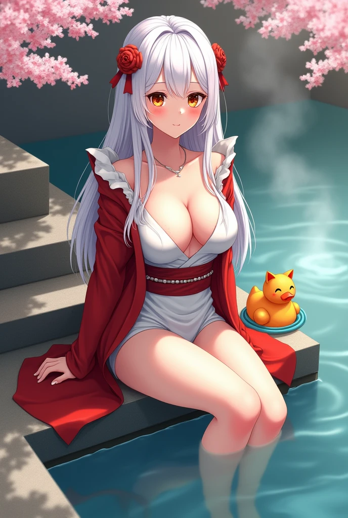 1 girl(masterpiece,top quality,best quality,official art,Beauty and aesthetics:1.2),silky smooth white hair,brown sparkling eyes,long hair,flower in hair, tall figure,enchanted,enchanting,Flushed complexion, playful expression, super gigantic breasts,Breasts larger than the head,Red and white kimono, clogs,Off the shoulders,detailed cleavage,Sitting on the stone steps by the water of a hot spring, steam over the water, thigh exposed, small orange tabby cat passing by behind her, soft hands, defined nails, white eye lashes, Cherry blossoms are in bloom, rubber duck in water.