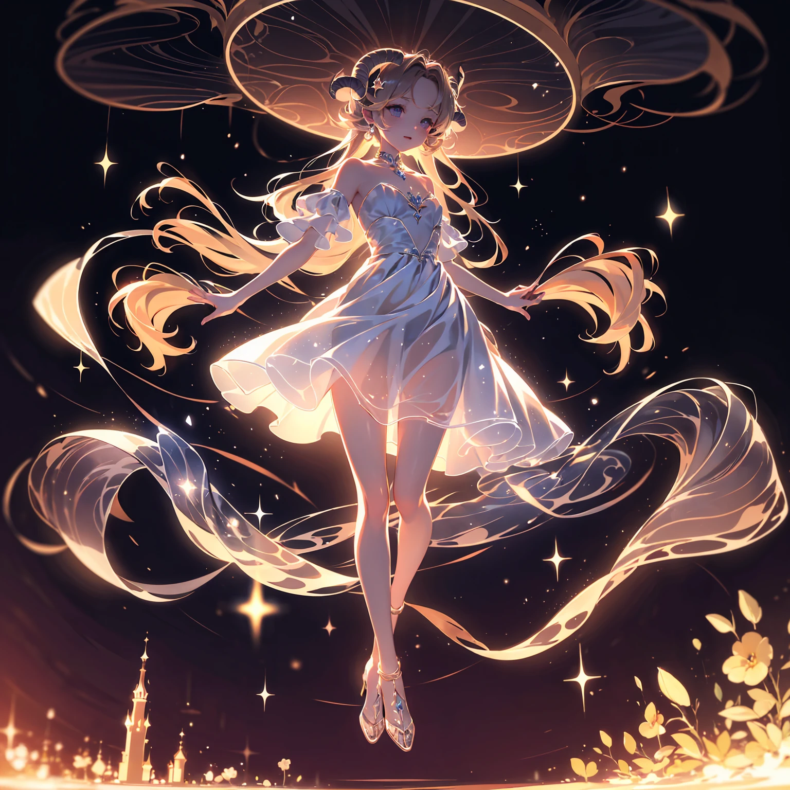 A high-quality 8K illustration featuring a chibi-style representation of the Aries goddess. The scene is set against a pale, ethereal background filled with stars and constellations. The Aries goddess has cute ram-like horns, flowing hair, and a celestial outfit that sparkles with stardust. She holds a small star in her hand, and beside her is a tiny chibi ram, playfully jumping around. The atmosphere is magical and dreamy, with a blend of soft pastel colors.