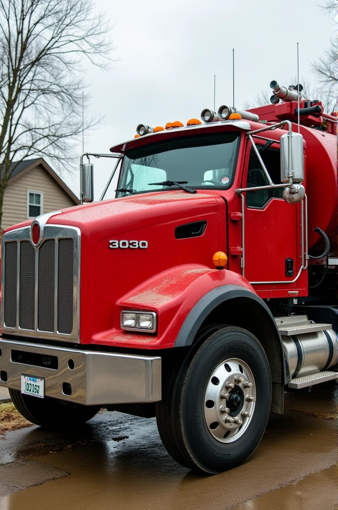 Red truck with a tanker that is cleaning a septic tank
