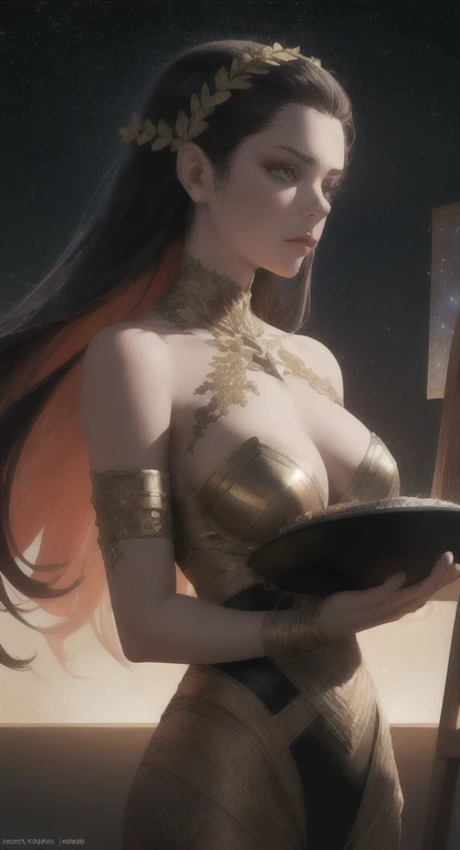 Artwork, surrealism, highly detailed, intricate details, oil painting, best quality, cosmic, starry, a woman holding a two-plate scale, pound sign concept, golden ratio, beautiful, cosmic concept, 8k, cinematic light, starry background, vibrant colors, UHD, by Greg Rutkowski
