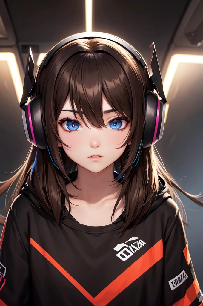  gamer straight brown hair, black headset, eyes browns, slanted eye, neon colors and black.