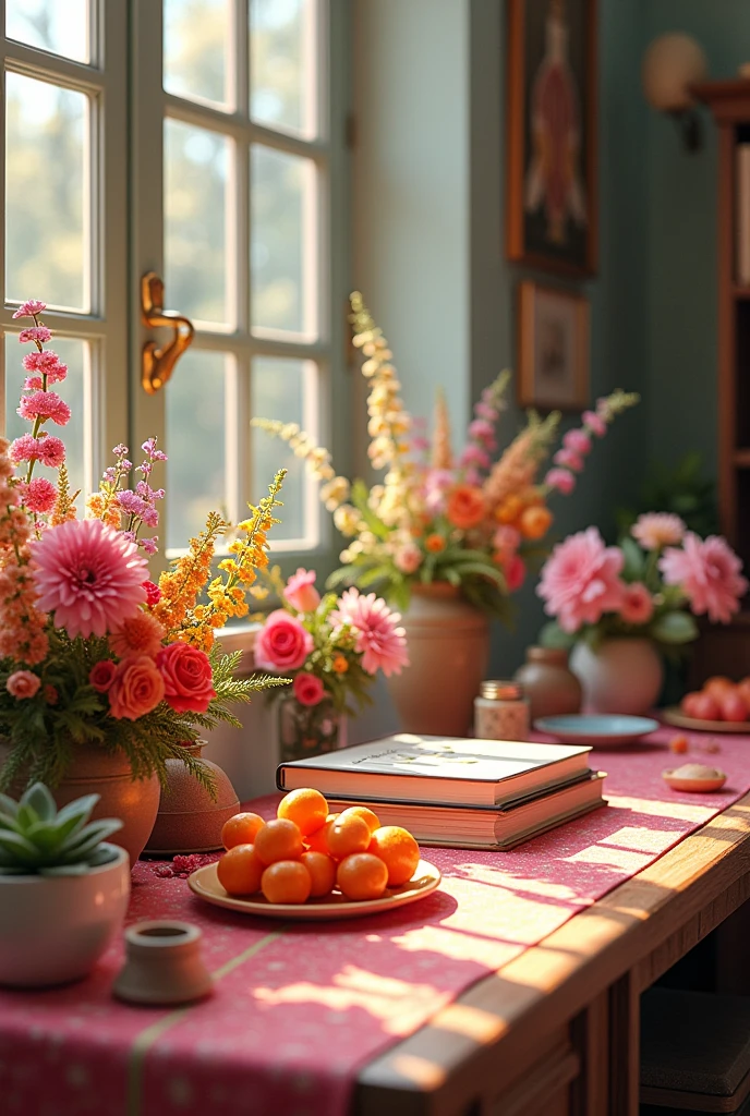 A picture of a teacher's altar with many beautiful flowers