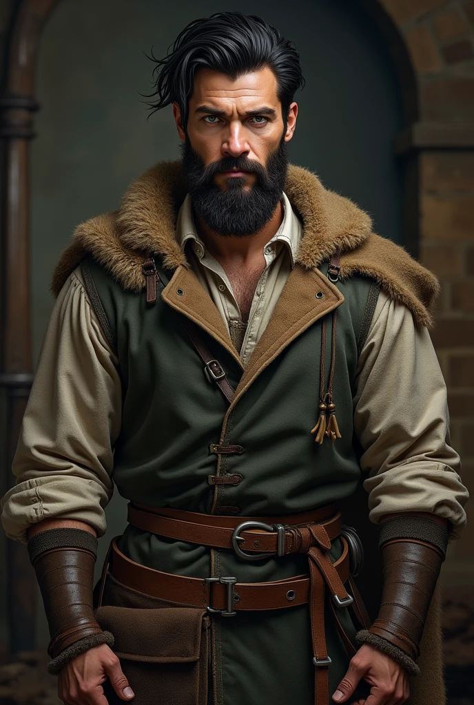 Handsome young man with black hair and green eyes, medium beard, medieval blacksmith robes, Coraggioso