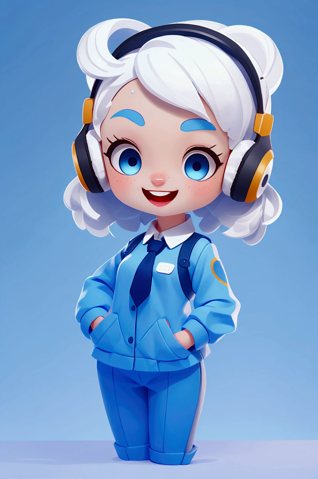 customer service uniform, white hair, beautiful blue eyes, headset, head portrait, lovely girl with calm and friendly facial expression, smile
