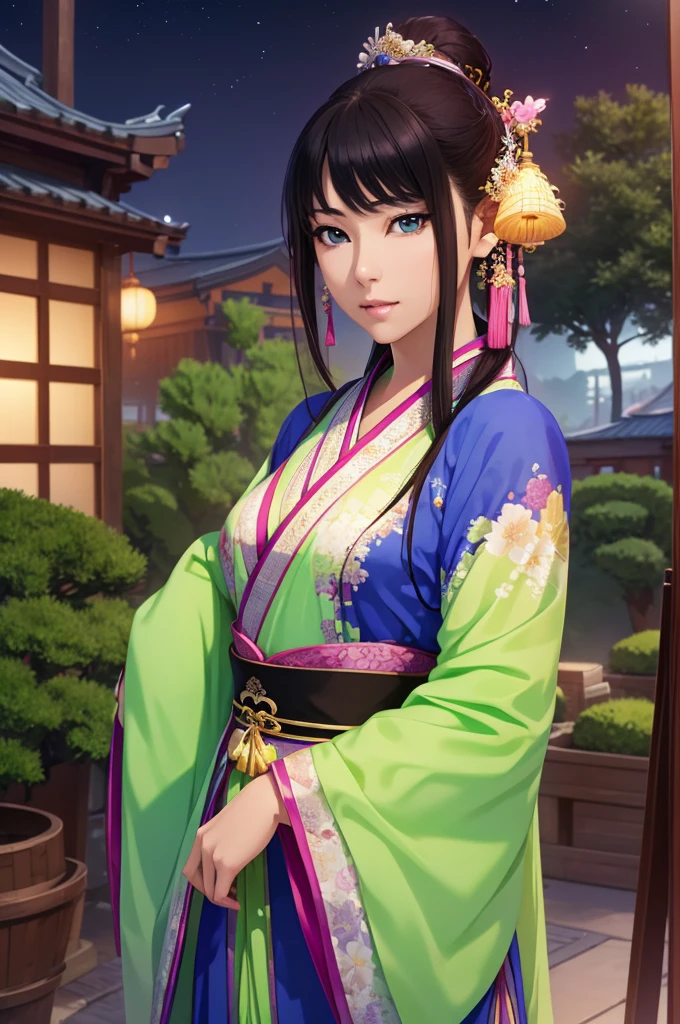 Starry sky landscape、shooting star、 (Highest quality,4K,8k,High resolution,masterpiece:1.2), Very detailed, (Realistic,Realistic,Realistic:1.3), High resolution, Hyper HD, Studio Lighting, Ultra-fine painting, Sharp focus, Physically Based Rendering, Very detailed説明, Professional, Vibrant colors, Bokeh, Sports Late Night, Traditional Chinese Painting Techniques, Atmospheric lighting, Vivid color contrast, Ethereal atmosphere,Very detailed目と顔, Beautiful attention to detail, Light on the face,Hanfu 、(Hanfu: 1.1)、、(Green Eyes: 1.1)、Eyes are green、Slim figure、Small breasts、Sexy pose