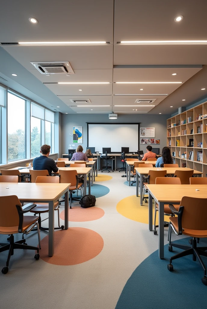 "Create an image of a modern and functional resource room for high school. The room must include ergonomic tables and chairs for 20 students, modern computers and laptops, a projector with a screen, an interactive whiteboard, and a multifunction printer. Add a reading area with ottomans and sofas, organized shelves and cabinets for school supplies, and space for circulation. Also include trial kits and disability support materials.. The decoration must be modern and welcoming, with good natural lighting and ventilation."