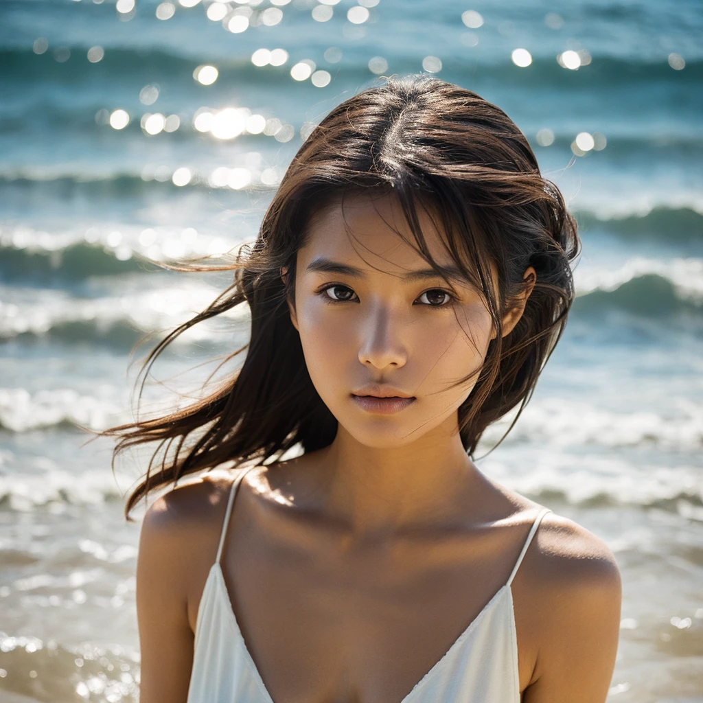 A hyper-realistic image of a single Japanese woman in her early 20s, captured with the nostalgic warmth and pronounced graininess of a film camera, showing her from the shoulders up as she stands on a sunlit beach. Her skin has a warm beige tone with a natural, visibly rough texture that includes pronounced pores, fine lines, and subtle imperfections such as small blemishes, slight unevenness, and a hint of sun exposure, contributing to the authenticity of her appearance. The texture of her skin is intentionally less smooth, with a tangible roughness that enhances the realism, making the surface appear slightly weathered by the elements. The soft, diffused natural light illuminates her face and shoulders with a gentle touch, casting shadows that subtly reveal the unevenness of her skin. Her straight, glossy black hair flows naturally in the ocean breeze, framing her face, and her deep brown eyes reflect the soft sunlight and the shimmering sea. The film camera effect amplifies the grain and texture, creating a warm, nostalgic atmosphere while maintaining the deliberately rougher, less polished texture of her skin. The composition, focused on her upper body, captures the serene elegance of the beach setting, highlighting the natural interaction of light and shadow on her skin. This combination of a rough, realistic skin texture, soft natural light, and the grainy film-like qualities ensures that the image presents an authentic, lifelike portrayal of the woman, centered on her face and shoulders.