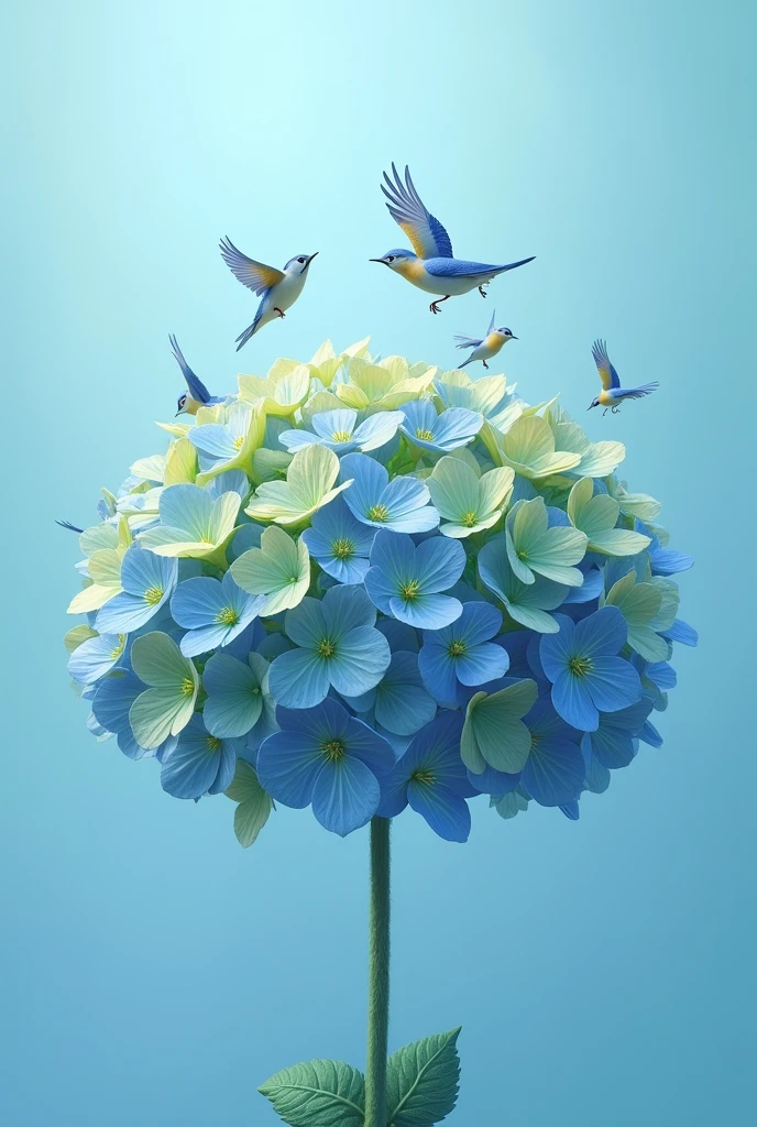 Small miniature birds forming a sky blue hydrangea flower

