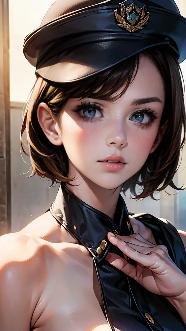 、nude、naked、、masterpiece、8k、Realistic、超High resolution、Very delicate and beautiful、High resolution、Cinema Lighting、medium range shooting、Portraiture、Perfect female body、Beautiful woman、Mature Woman、(Short Bob:1.8、Brown Hair)、((Female police officer:1.4、limited cap、