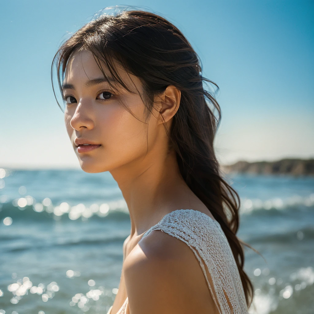 8k, masterpiece, RAW Photos, Highest quality, Realistic, Very detailed, Depth of written boundary, Cinematic Light, Anatomically correct body,
(One elegant beautiful mature woman:1.2),
Wavy black long hair, Very beautiful face, Exquisitely detailed face, Goddess-like deity々Beautiful, Glamorous Body, Very sensitive skin, Transparent white skin, Sexy ass, Sexy thighs,
Leotard Swimsuit, Detailed cloth texture, Gorgeous necklace, Gorgeous earrings,
Starry sky background, Dark sandy beach at night, Pitch black sea surface,