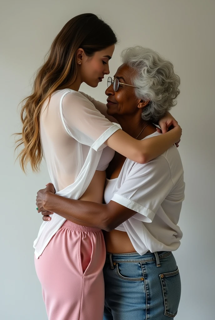 Create a photo of a 30 year old woman, with a slender and beautiful body, wearing a white shirt, braless with bare breasts and wearing pink sweatpants, with white and clear skin, with long light brown hair wearing prescription glasses, while being lifted up with her legs in the air by an elderly woman, 90 years old, with dark black skin, did, obese, lowrise, who is wearing a white shirt and jeans. 