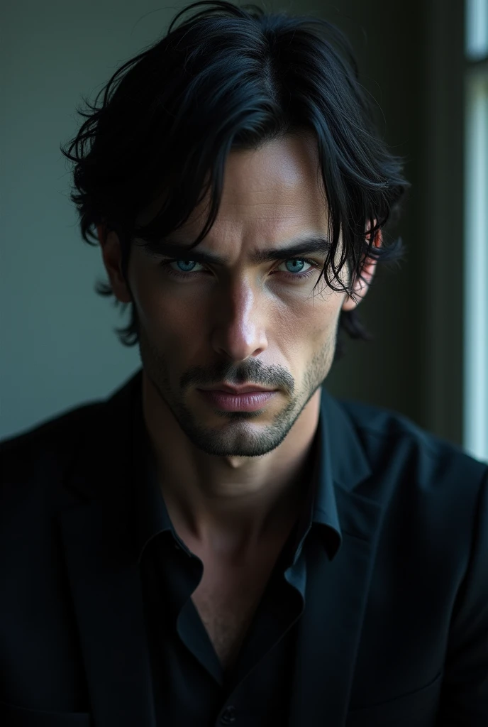 mysterious man of about 30 years old, with disheveled black hair that falls over his forehead. His eyes are a deep blue and have an enigmatic glow.. He has a square jaw and a serious expression.., who hides his emotions.
His height is average, But he has an athletic stance and confident bearing. He usually wears dark, elegant clothes., which gives it an aura of mystery.