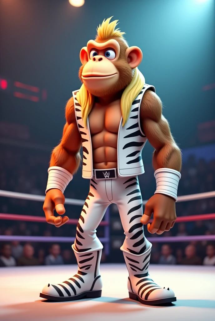 Cartoon monkey dressed like WWE wrestler Shawn Michaels 

Cartoon monkey body. Cartoon monkey head. Cartoon monkey face.


Long blonde mullet hair. White wrist tape.
 
White cowboy vest ordain in black zebra stripes. White pants ordained with black zebra stripes.

White and black cowboy boots. 

Standing in a wrestling ring..