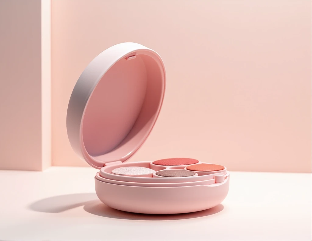 An innovative round-shaped makeup applicator, Inspired by SHEGLAM&#39;s &#39;Insta-Ready&#39;. The applicator has several compartments, each with different makeup papers: blush, highlighter, and lipstick. Each paper is thin and small in size., Ideal for tearing off a piece and applying it directly to the face. The image should show the applicator with the lid open., revealing the papers