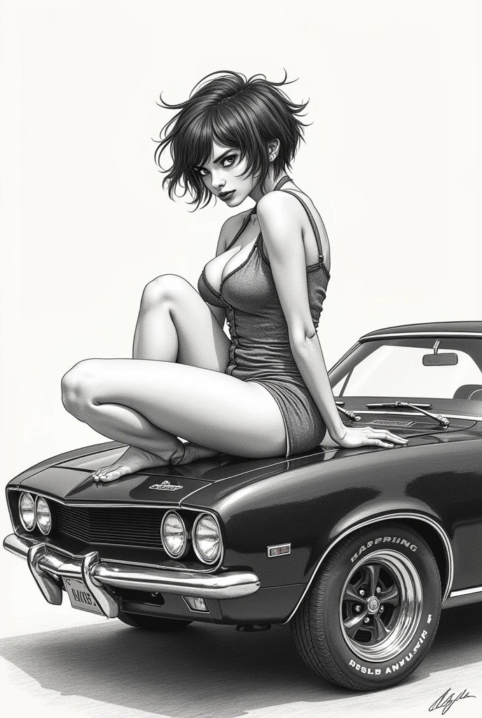 A vintage black n white hand drawing of a short haired gypsy girl sitting in the hood of a muscle car