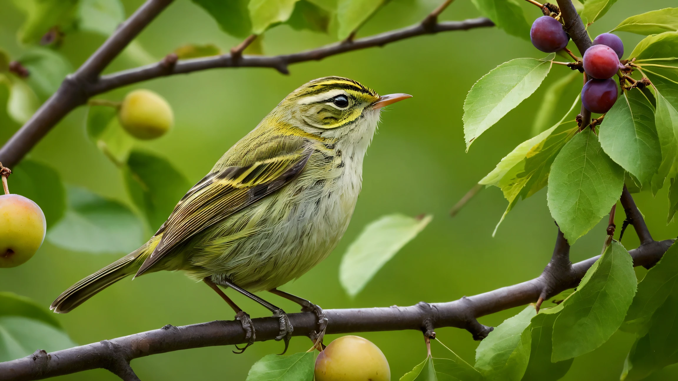 Create an ultra-high-definition 8K photo featuring a close-up of a Pallas's Leaf Warbler perched on a plum tree branch. The small bird is beautifully poised, surrounded by vibrant green plum tree leaves. Nearby, clusters of yellowish plums are ripening, adding a touch of golden hue to the scene.