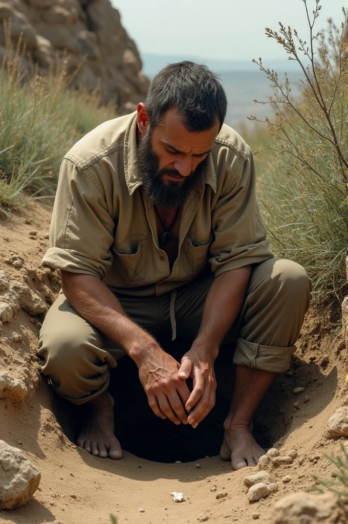 A man urinates in a hole