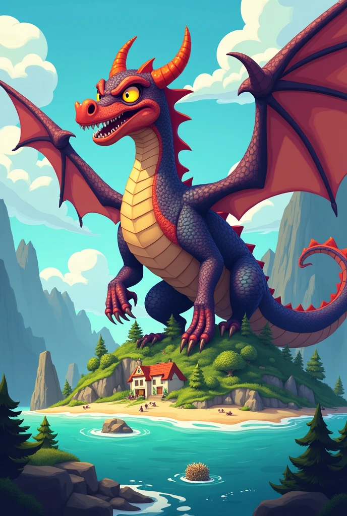 villain (Dragon):
Role: antagonist.
Skills: Control island creatures.
Characteristics: cunning, manipulator, seek to dominate the magical island. make it more cartoonish and basic