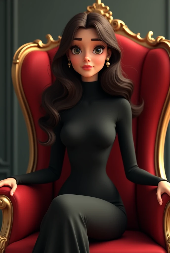 1 Gorgeous 2 woman with a long hair wear a black turtle neck dress sitting in the red royal chair and the 2 hands put in the armchair. Semi 3d animated portrait.