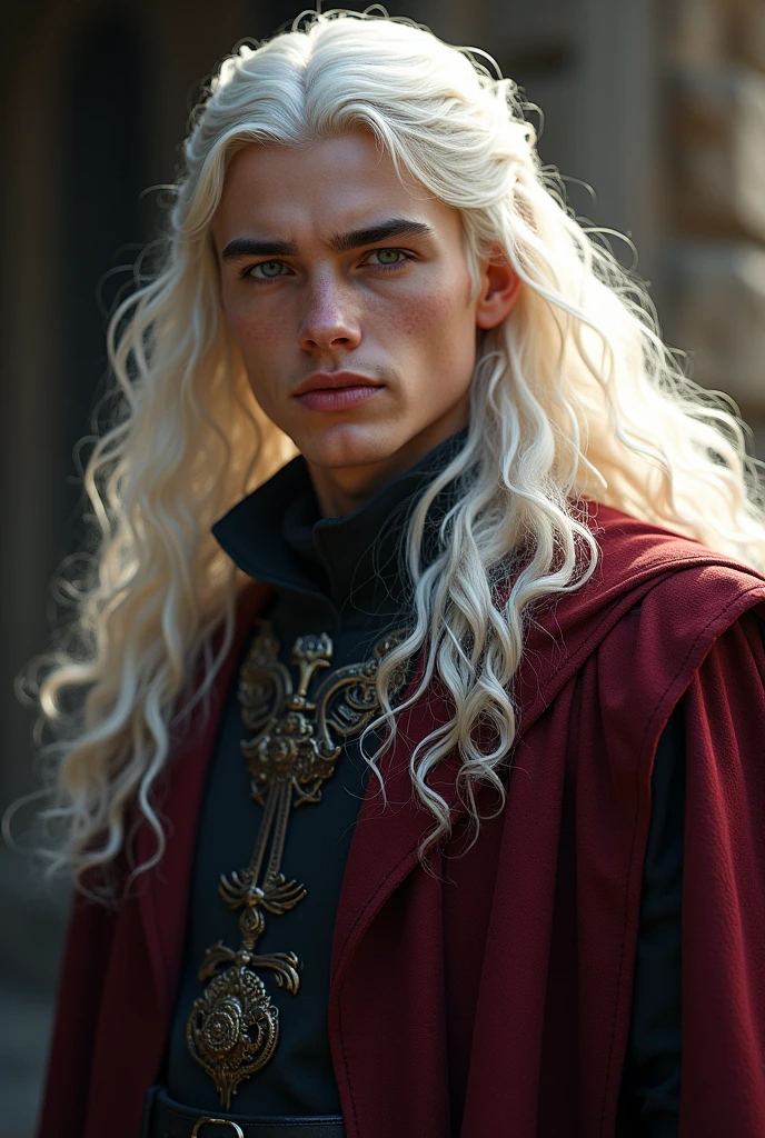 Dans l'univers de *Game of Thrones*, un jeune homme Targaryen se distingue par l'aura légendaire qui entoure sa maison. Imaginez un homme d'une beauté presque divine, digne des légendes. Ses longs cheveux blancs argentés, typiques de la lignée des Targaryens, tombent en cascade sur ses épaules, soyeux et brillants sous la lumière, semblables à un manteau de pure lumière. Ses yeux, d'un violet profond ou d'un bleu glacial (selon les variantes connues dans la famille), captivent immédiatement ceux qui les croisent, remplis d'une intensité mystérieuse et d'une force ancestrale.
Sa peau est pâle, douce et éclatante, contrastant magnifiquement avec ses cheveux immaculés. Sa beauté est comparable à celle d'Apollon, le dieu grec de la jeunesse et de la lumière. Son visage est finement ciselé, avec des pommettes hautes, un nez droit et une mâchoire forte, témoignant de son héritage royal. Ses lèvres sont pleines, souvent figées dans une expression calme, presque méditative, bien qu'elles puissent sourire avec une chaleur inattendue qui illumine son visage entier.
Grand et élancé, son corps est celui d'un guerrier-né. Ses muscles sont bien définis, sculptés par des années d'entraînement martial, mais sans lourdeur. Chaque mouvement qu'il fait est empreint de grâce naturelle, comme s'il était toujours conscient de sa stature royale. Ses épaules sont larges, son torse puissant, et sa silhouette est impeccablement proportionnée.
Vêtu souvent de tissus somptueux – de riches tuniques noires et rouges, brodées de motifs draconiques en or et argent – il incarne l'élégance et la puissance. Sur son dos, une épée à la garde ornée de dragons, peut-être en acier valyrien, rappelant à tous qu'il est un guerrier aussi bien qu'un roi potentiel.
Ce jeune homme Targaryen respire la noblesse et la fierté, portant en lui le poids des siècles de conquêtes et de tragédies de sa famille, mais aussi l'éclat indomptable de son destin à venir.