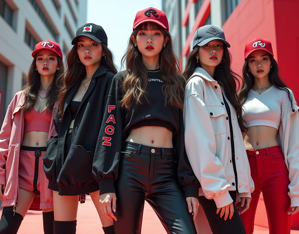 Kpop girl group, five members, concept hip-hop day different girls pose optical illusion