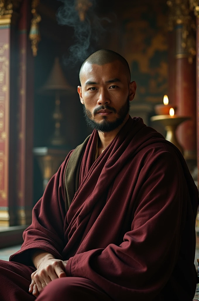 realistic photography charismatic and handsome Buddhist monk in mystical temple